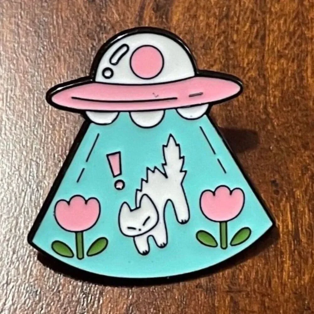 Cat UFO Alien Abduction Pink Enamel Pin